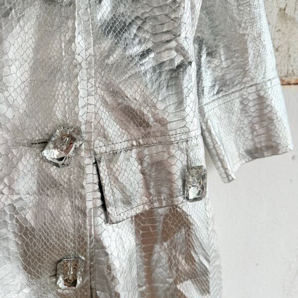 Y2K Wet Seal Snake Print Trench Coat Metallic Silver Jacket Womens S Vtg 2000s - Picture 2 of 9